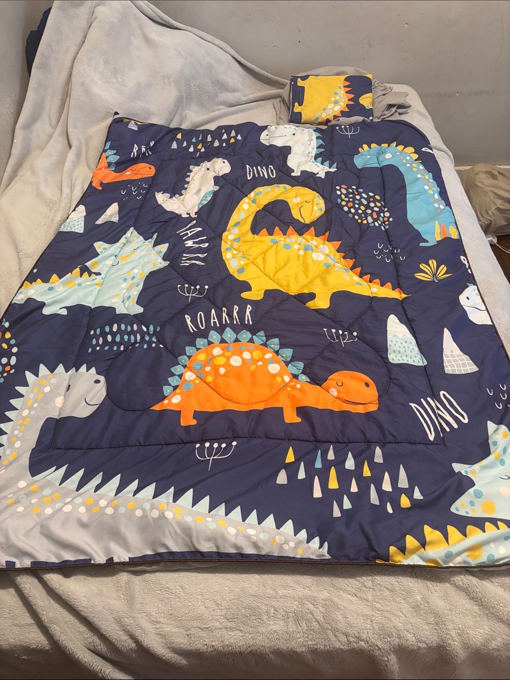 Kids Dino Comforter Complete 4-Set- Navy with Orange, Yellow & Blue Dinosaurs